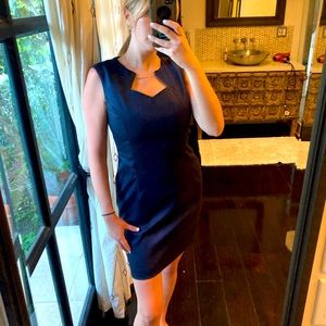 Dark Blue Fitted Sleeveless Dress with Asymmetrical Neckline